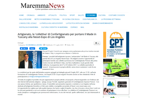 Articolo su MaremmaNews: Confartigianato Firenze e il Made in Tuscany alla Nexxt-Expo di Los Angeles - L'immagine mostra un articolo pubblicato su MaremmaNews, che annuncia la partecipazione di Confartigianato Firenze alla Nexxt-Expo di Los Angeles con una collettiva di artigiani toscani. L’evento rappresenta un’opportunità strategica per le aziende del settore artigianale, offrendo visibilità internazionale senza la necessità di una presenza fisica costante. Us Company Advisor supporta le imprese italiane nel processo di internazionalizzazione, aiutandole a entrare nel mercato statunitense attraverso fiere ed eventi mirati.