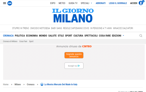 Articolo su Il Giorno Milano: La Mostra Mercato del Made in Italy - L'immagine mostra un articolo pubblicato su Il Giorno Milano che annuncia un evento dedicato al Made in Italy, volto a promuovere le eccellenze italiane a livello internazionale. L'articolo evidenzia l'importanza della manifestazione per le aziende italiane interessate a entrare nel mercato statunitense. Us Company Advisor supporta le imprese italiane nell'espansione e promozione negli USA con strategie mirate e consulenza specializzata.