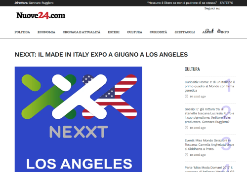 Screenshot dell'articolo su Nuove24.com intitolato 'NEXXT: Il Made in Italy Expo a giugno a Los Angeles'. L'immagine principale presenta il logo dell'evento Nexxt Expo, con il testo 'Los Angeles' in evidenza. L'articolo evidenzia l'importanza di questo evento internazionale dedicato alla promozione del Made in Italy negli Stati Uniti. Nella sezione laterale, articoli di cultura e spettacoli, tra cui notizie su eventi e personalità italiane.