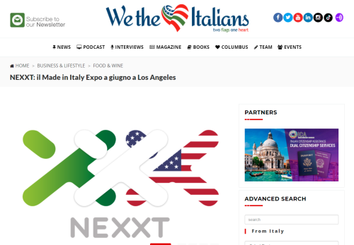 Screenshot dell'articolo su We The Italians intitolato 'NEXXT: Il Made in Italy Expo a giugno a Los Angeles'. L'immagine principale mostra il logo di Nexxt Expo con una combinazione di bandiere italiana e americana. L'articolo evidenzia l'importanza di questa fiera internazionale, che promuove il Made in Italy negli Stati Uniti. Nella colonna laterale, un'area dedicata ai partner, tra cui servizi di cittadinanza italiana.